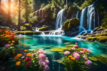 Tuinposter An idyllic natural setting with a picturesque waterfall cascading into a crystal-clear pool, surrounded by towering trees and colorful wildflowers © usama