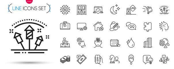Fototapeta premium Pack of Hand baggage, Chess and Puzzle line icons. Include Cursor, Ice cream, Fireworks rocket pictogram icons. Quote bubble, Rejected payment, Door signs. Lamp, Teamwork, Skyscraper buildings. Vector