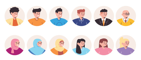 Avatar collection flat illustration of graphic cartoon character diverse multiethnic portrait in circle