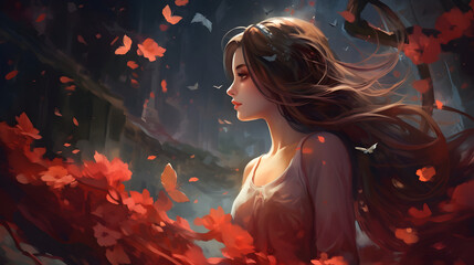 A woman with long auburn hair stands amidst a forest, enveloped by swirling petals in flight