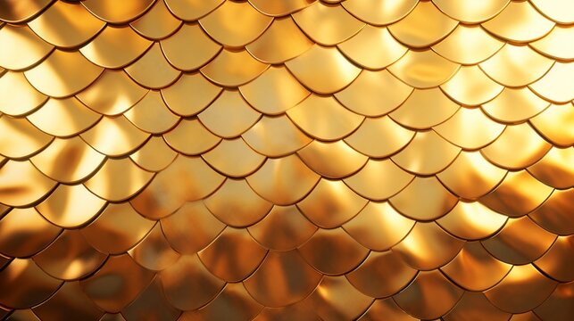 Golden Radiance for a Luxurious Vibe. Swoosh Abstract, Fish Scale Tiles on a Natural Stone Wall. 3D Textured Background with Polished Blocks. Blurred Geometric Surface Wavy Background.