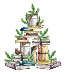 A creative Christmas tree made from library books in old bindings of various muted shades, fir cones and green pine branches. Hand drawn watercolor illustration on white background - obrazy, fototapety, plakaty