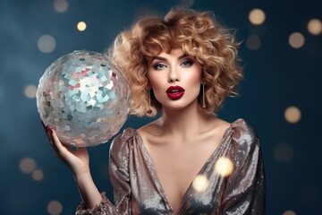 Naklejka premium Beautiful woman with a disco ball in her hands. Beauty, fashion cocept, ai generative