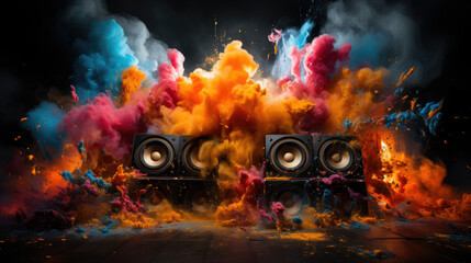 Abstract concept of powerful sound speakers throwing powder in blue neon light. Power music.