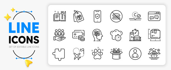 Charging station, Browser window and Collagen skin line icons set for app include Best buyers, Hat-trick, Coupons outline thin icon. Recipe book, Avatar, Cooking timer pictogram icon. Vector