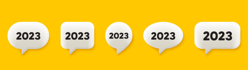2023 year icon. 3d chat speech bubbles set. Event schedule annual date. 2022 annum planner. 2023 talk speech message. Talk box infographics. Vector