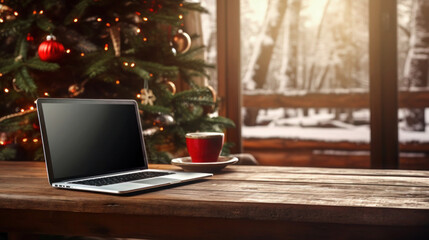 Laptop computer on wooden table with a cup of coffee and Christmas tree on background