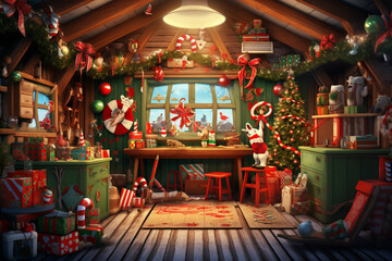 christmas shop with santa claus and presents