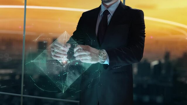 boost your business- businessman working with virtual reality at office.