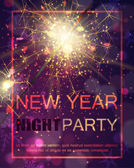 Happy new year banner, poster, holiday dark purple, pink background. Celebrate night party, sparkler little gold fireworks. Merry Christmas holiday design, decor. Vector illustration.