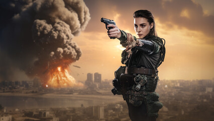Portrait of a female soldier displaying confidence amidst the devastation caused by a massive bomb explosion in a Middle Eastern city