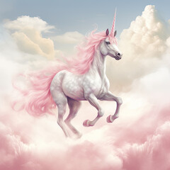 Naklejka na ściany i meble Pink Unicorn Above The Clouds Illustration, Generative Ai