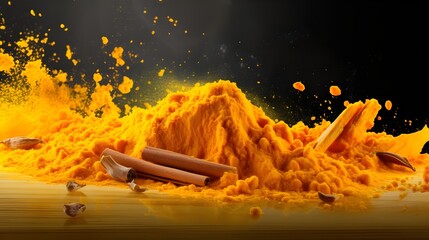 food background with yellow turmeric powder herb - obrazy, fototapety, plakaty