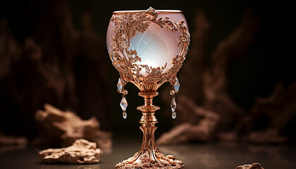 a gold goblet sitting on a wooden table - obrazy, fototapety, plakaty