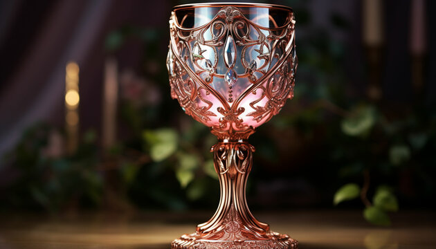 a gold goblet sitting on a wooden table