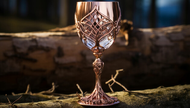 a gold goblet sitting on a wooden table