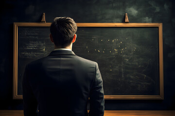 sharply dressed man, in a sleek suit, intently studying a chalkboard, providing ample room for your content in a professional and educational setting