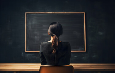 A woman seated in contemplation, gazing at a chalkboard, providing a serene space for your content, ideal for education, business, or creativity