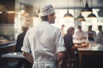 talented chef in a cinematic restaurant setting, surrounded by delighted diners savoring exquisite dishes, all bathed in warm, dramatic lighting