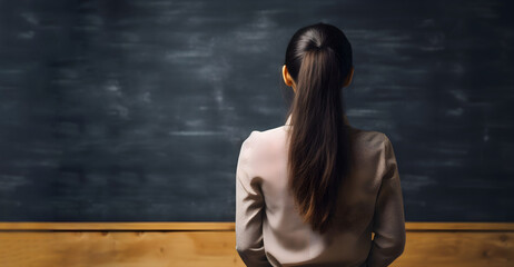 woman engages with a chalkboard, providing an open canvas for your content in an educational, professional, or creative setting