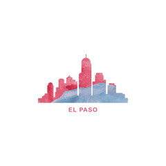 Obraz premium El Paso city US watercolor cityscape skyline panorama vector flat modern logo icon. USA, Texas state of America emblem with landmarks and building silhouettes. Isolated red and blue graphic