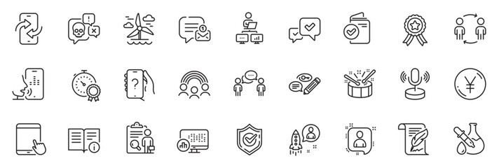 Fototapeta na wymiar Icons pack as Chemistry experiment, Confirmed and Workflow line icons for app include Work home, Verification document, Feather outline thin icon web set. Voicemail, Winner ribbon. Vector