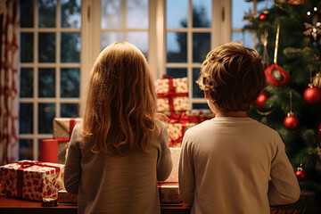 Adorable siblings, wide-eyed with wonder, gazing at Christmas presents under the tree, embodying the magic and joy of the holiday season