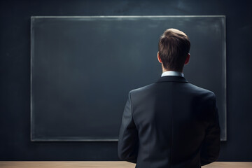 man in a suit intently studies a chalkboard, embodying professionalism and a focused approach to learning or busines
