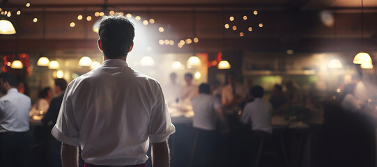  restaurant scene, a diligent waiter works tirelessly, his rear view illuminated by dramatic light, offering ample copy space for your content