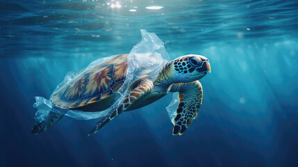 turtle with transparent plastic bag swimming underwater representing concept of environmental pollution, illustration