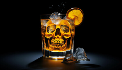 a skull shaped drink with lemon and mint leaves
