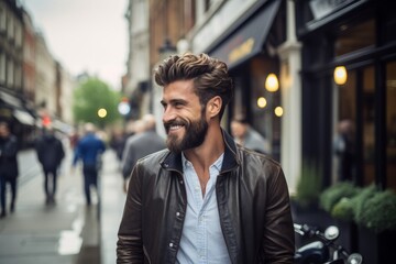 Portrait of a handsome young man with trendy hairstyle and beard in a urban context