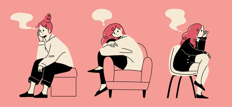 A simple and stylish vector illustration of a woman sitting on a chair and thinking