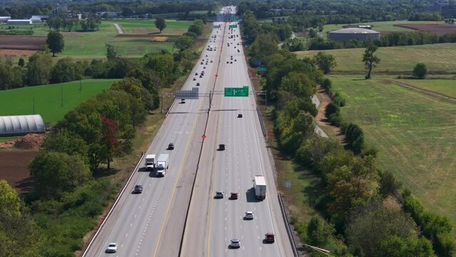 Aerial drone view of Interstate 64 hihghway traffic in Lexington, Kentucky