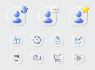 Recovery devices, User info and Coffee cup line icons. Placeholder with 3d star, reminder bell, chat. Pack of Diesel, Consumption growth, Cooking whisk icon. Checklist, Love coffee pictogram. Vector