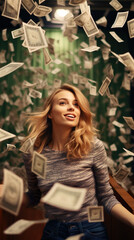 Beautiful, cute woman dancing with joy With money flying in the air and falling Smiling and throwing a lot of money.