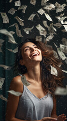 Naklejka premium Beautiful, cute woman dancing with joy With money flying in the air and falling Smiling and throwing a lot of money.