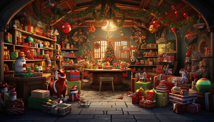 christmas shop with santa claus and presents