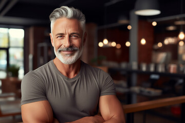 Fototapeta premium portrait of smiling muscular senior man at gym while looking at camera. Healthy lifestyle