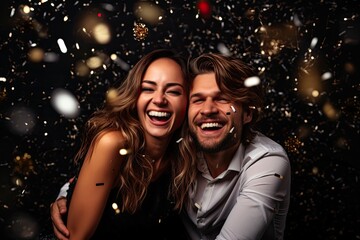 Portrait of a young couple having fun on black background with confetti. Ai generative - obrazy, fototapety, plakaty