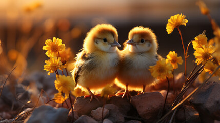 small cute fluffy yellow chicken, bird, Easter symbol, spring, nature, postcard, animal, grass, pet, chick, baby, beak, feathers, close-up, tousled, beauty, rustic, farm, flower, dandelion
