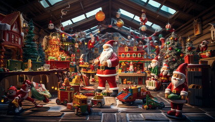 christmas shop with santa claus and presents - obrazy, fototapety, plakaty