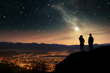 Fototapeta premium three people standing on a hill looking at the sky
