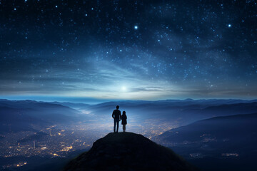 three people standing on a hill looking at the sky