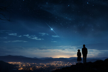 three people standing on a hill looking at the sky