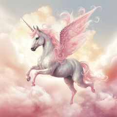 Naklejka na ściany i meble Pink Unicorn Above The Clouds Illustration, Generative Ai