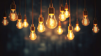 Vintage tungsten filament multiple lamps. Decorative incandescent bulbs in Edison style on dark background. Lamp. Hanging decorative. Suspended under the ceiling light bulbs,. Idea concept. Teamwork - obrazy, fototapety, plakaty