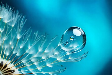 Beautiful water drop on a dandelion flower seed macro in nature. Beautiful deep saturated blue and turquoise background, free space for text. Bright colorful expressive artistic image form