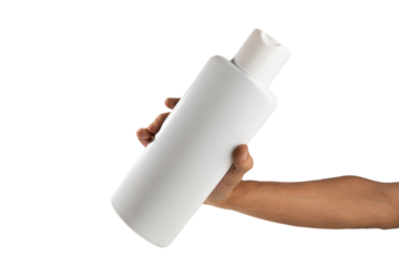 Mockup of unbranded white shampoo or conditioner bottle no background