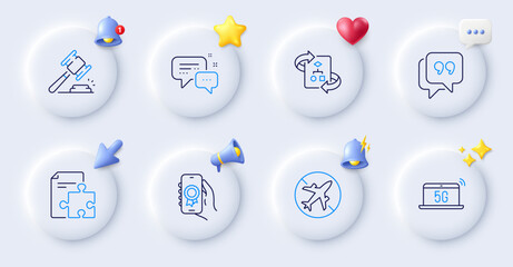 Quote bubble, Airplane mode and Employees messenger line icons. Buttons with 3d bell, chat speech, cursor. Pack of Strategy, Award app, Technical algorithm icon. Vector - obrazy, fototapety, plakaty